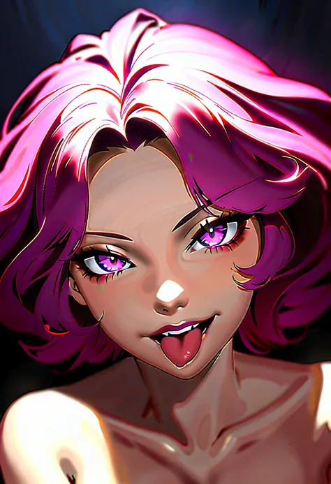 A sultry close-up shot captures the 30-year-old femme fatales wicked grin as she confidently sticks out her tongue. Her mature features seem to dare the viewer, her eyes gleaming with a hint of mischief. The background is blurred, focusing attention solely...