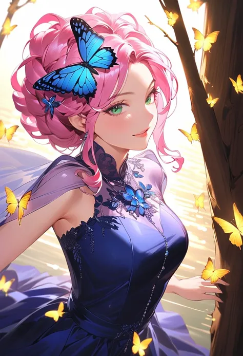 This character is a woman with a magical aura, mature and beautiful, seductive lips. She has long, shiny, bright pink hair and a blue butterfly accessory on her head. Her sharp green eyes were shining, she was wearing a knee-length blue short dress with bu...