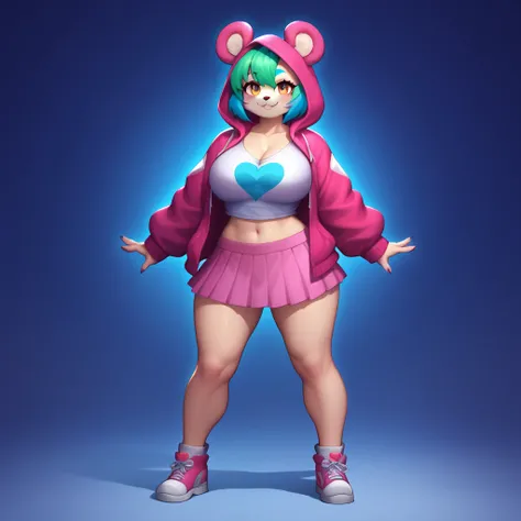 (masterpiece, anthropomorphic fantasy anime style, creative art), cartoon of a kemono bear woman in a hoodie and pink skirt, thick, fursona wearing stylish clothes, female fursona, dressed in crustpunk clothes, mini cute furry girl style, dressed in punk o...