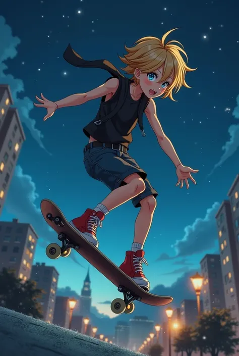 kagamine len, detailed eyes, in a jump on a skateboard, black vest , night roof of building,  anime art ,  5D effect 、 micrograph 、Microcosm、 glitter、 glitter、Sparkle、Sparkle。
 dark botanical、
700mm 、ISO 3200、
F/28、 
 realism、 professional photos 、Macro、ae...