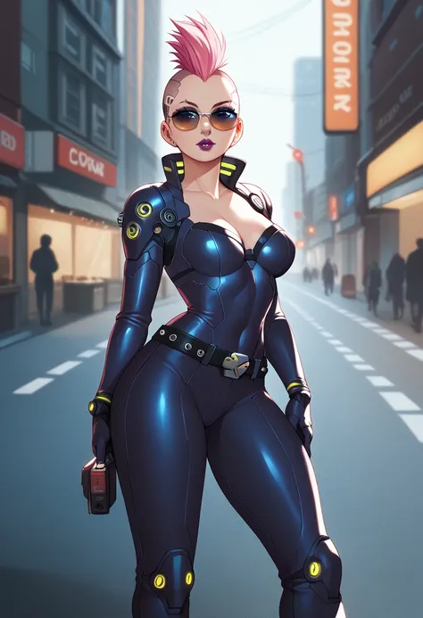 cyberpunk, mohawk, cyborg, multicolored hair, 1girl, street, solo, pink hair, belt, outdoors, science fiction, road, armor, spiked hair, makeup, sunglasses, city, blurry, purple  ,  lipstick, bodysuit, zPDXL3, detailxl,  Score_PnyReal,, s1_dram fmuc