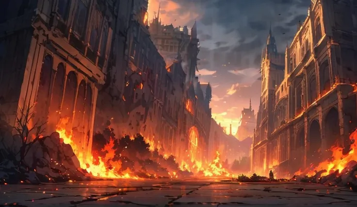  creates an old city with a huge wall that surrounds it,  its night and the city is full of fire and ashes , Outside the wall there are trees that surround everything 