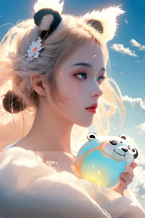 masterpiece, top quality, cinematic stills, one girl, floating in the sky, cloud girl, clouds, (close-up: 1.1), bright, happy, fun, soft lighting, (Bauhaus, shape, line, abstract: 1.1), panda ears