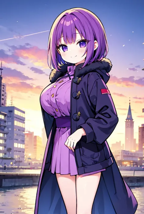 A girl with purple hair, wearing Russian clothes , in the cold, She is smiling.