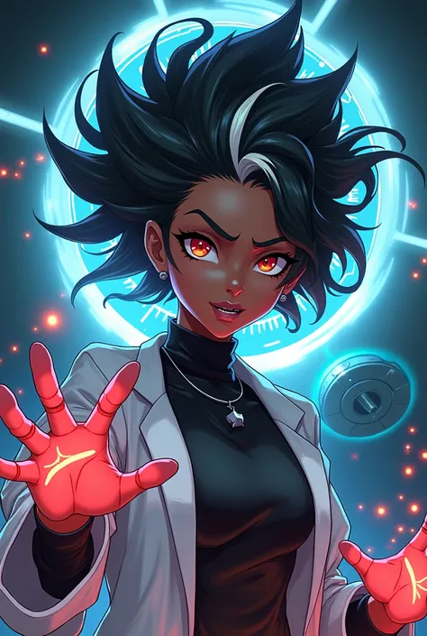 Anime style dark skinned female mad scientist with a white hair streak