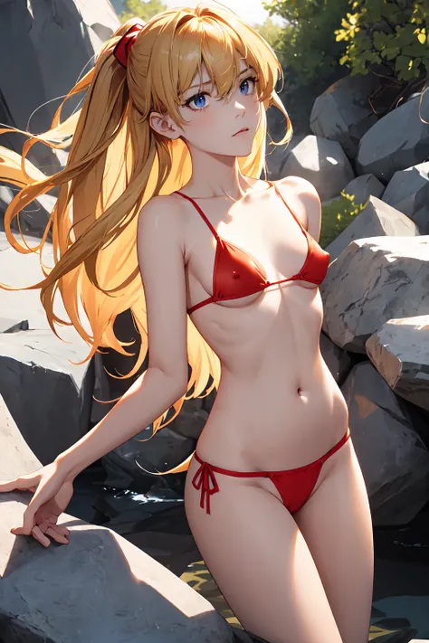 (masterpiece,  top quality),  1 girl,  beautiful face,  beautiful body,  Asuka Langley Soulieu,  hair between eyes, Alone, Bright expression,  Natural Small Breasts,  clevis on a stone,  slim, thin,  penetrates , Blonde hair reflects the light,  red bikini...