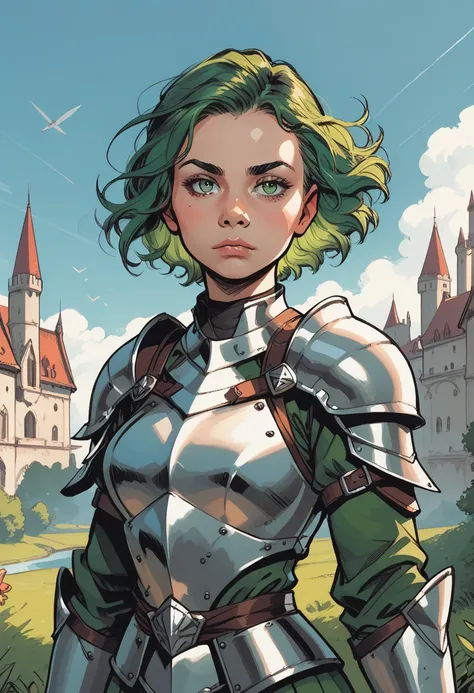 armor, cloud, 1girl, green eyes, castle, short hair, sky, solo focus, outdoors, parted knight, green hair, cloudy sky, breastplate, shoulder armor, multicolored hair, pauldrons, full armor, floating hair, looking at viewer, plate armor, upper body, wind, s...