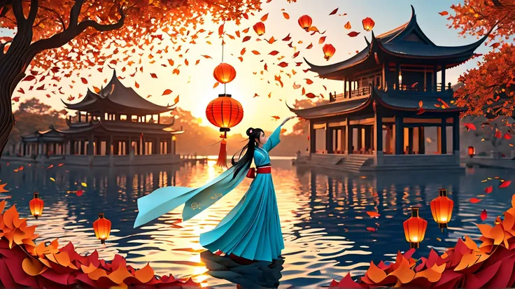 official art, unity 8k wallpaper, ultra detailed, beautiful and aesthetic, masterpiece, best quality, (Fire, water, ribbon, paper cutting), (fractal art:1.3) 1girl,building, (solo:1.5), chinese_clothes, sky, outdoors, wide_sleeves, black_hair, sunset, (fal...