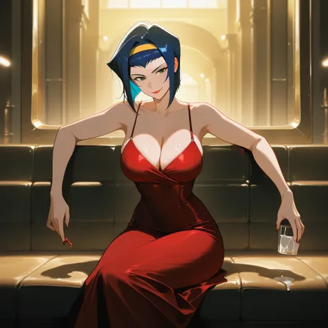  masterpiece, best quality, amazing quality, very aesthetic, absurdres, newest, (volumetric lighting, scenery), ,1girl, Faye_Valentine,/(Cowboy_bebop/), blue hair, saggy breast,red lipstick , red thin long dress, cleavage, smirking, sitting, holding glass ...