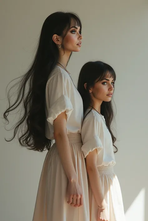 An ultra-realistic photo of a tall girl with black hair stands near a short girl