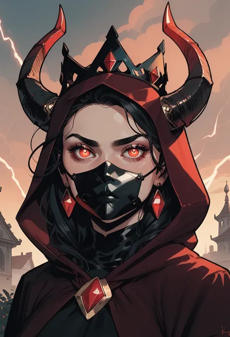 1girl, solo, cloud, red eyes, jewelry, sky, crown, glowing eyes, looking at viewer, glowing, earrings, cloudy sky, outdoors, black hair, gem, mask, hood, cloak, upper body, lightning, covered mouth, mouth mask, horns, s1_dram, zPDXL3, detailxl,  Score_PnyR...