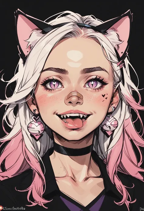 1girl, solo, tongue, animal ears, jewelry, heart, choker, earrings, bandaid, bandaid on nose, bandaid on face, tongue out, cat ears, fangs, portrait, white hair, open mouth, black choker, hair ornament, teeth, hairclip, long hair, pink eyes, artist name, p...