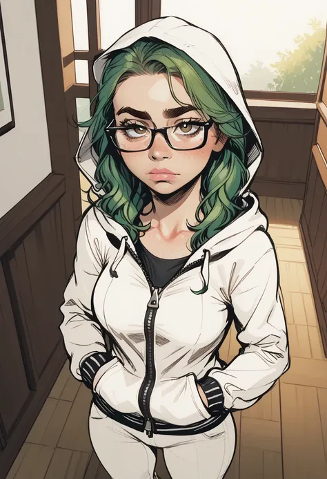 1girl, solo, glasses, looking at viewer, green hair, long hair, indoors, brown eyes, hood, lips, zipper, mole, closed mouth, standing, pants, black-framed eyewear, hoodie, arms at sides, jacket, long sleeves, window, mole under eye, white hoodie, zipper pu...