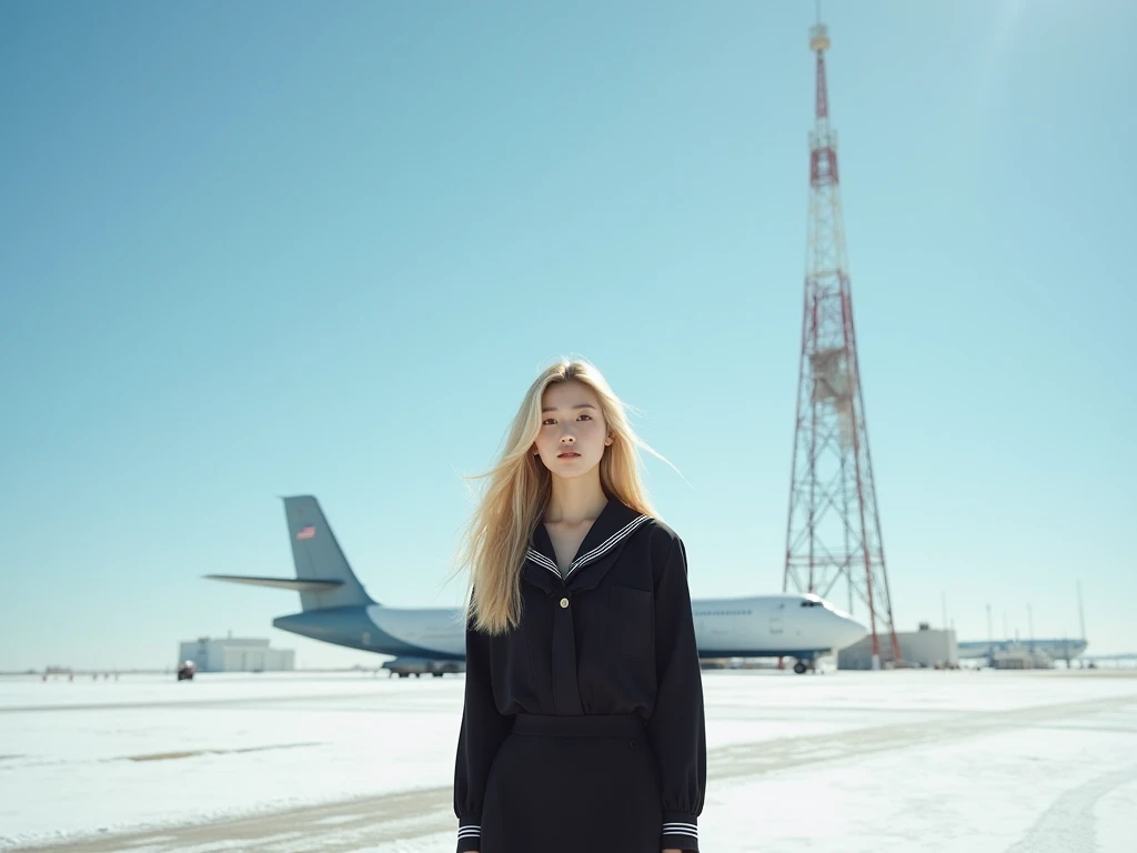 wide angle lens photo, blonde Korean woman wearing a black sailor suit on the snowy tarmac of a US air force base, sunny winter day, radio tower and transmitting station