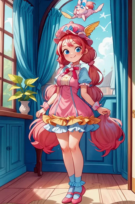 (masterpiece, best quality) 1 girl, standing, indoor, intricate detail, sunlight, yellow frilly dress, (sky blue stockings), pink shoes, long ponytails  red hair, cute dog hat, blue eyes, mischievous look, Sweet smile, sexy pose, coquette, beautiful legs, ...