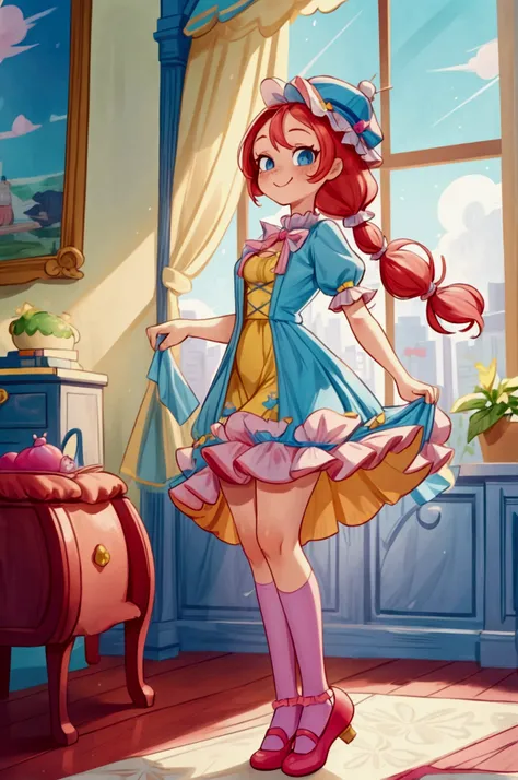 (masterpiece, best quality) 1 girl, standing, indoor, intricate detail, sunlight, yellow frilly dress, (sky blue stockings), pink shoes, long ponytails  red hair, cute dog hat, blue eyes, mischievous look, Sweet smile, sexy pose, coquette, beautiful legs, ...