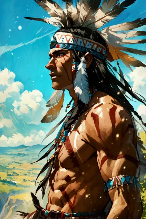 A native American strong and agile man with no t-shirt. He uses traditional native American clothing, and a headband with a feather. He has a focused face, a bold attitude, and is on a beautiful valley, on top of a tree, looking at the distance 