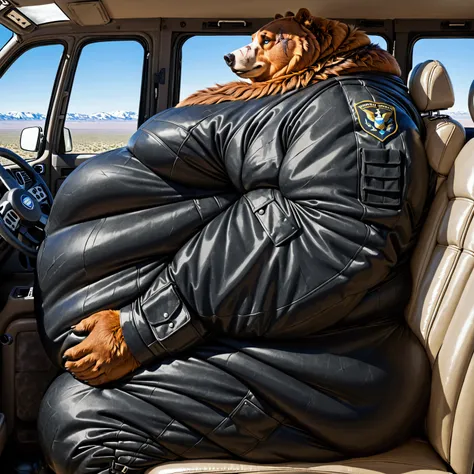 Very extremely morbidly-Obese Grizzly Bear with unbelievably very very very extremely massive overhang white belly, wears military boots, wears full Black military special forces suit, scars on the face, Beautiful Blue eyes, Fat Arms, Fat legs, Fat neck, c...