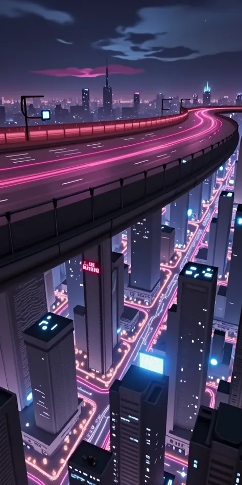 A mesmerizing urban city scape, set in a cyberpunk world. The view reveals a main road in the foreground, and a bit behind in the horizon is a dense arrangement of high-rise buildings and sky scrapers, in a vibrant blend of blue and purple hues. lights glo...