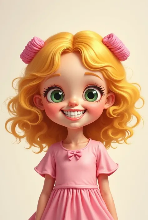 Create a blonde girl ,  with curlers and a small bow ,  with a pink dress green eyes cartoon, The front teeth stick out and make it look a little bad
