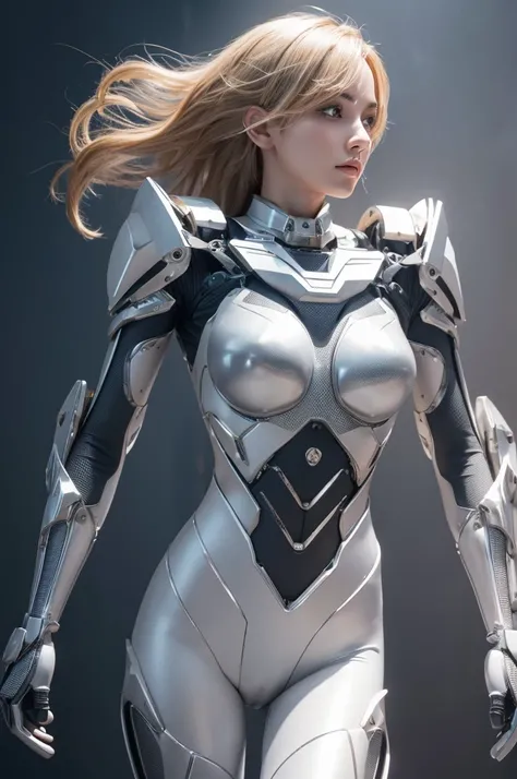 Beautiful woman with weirdly three-dimensional pieces of metal made of nanotechnology with fine details all over her body, wearing heavy machinery and a jetpack, lots of exposure, very long legs, flashy hair.
 Naked, realistic, weird poses.