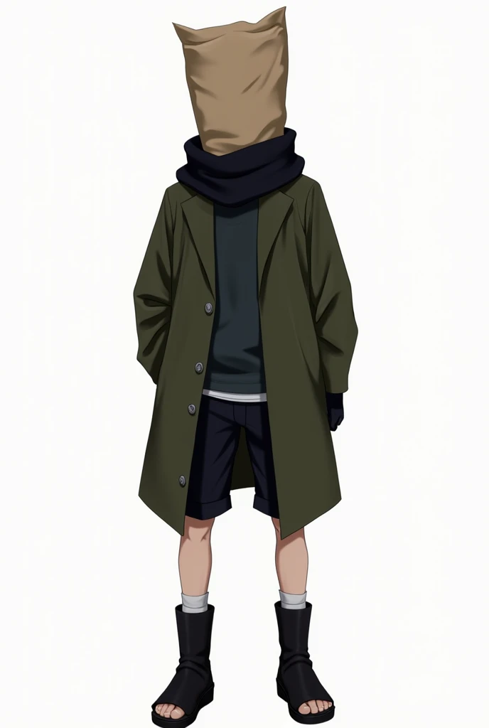 anime, inspiration in naruto, a serious boy, with paper bag over head, scarf black, green coat drak green, black gloves, black shorts, black butcher boots, white background