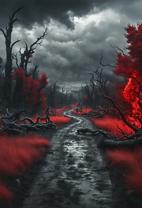 road to hell,dead trees,bloody red snake,heavy clouds,left,detailed matte painting,hyper-detailed charcoal drawing ,oil painting by James Gurney,( best quality ,4K,8k, highres icon, masterpiece :1.2), Ultra-detailed,(realistic,photorealistic,photo-realisti...