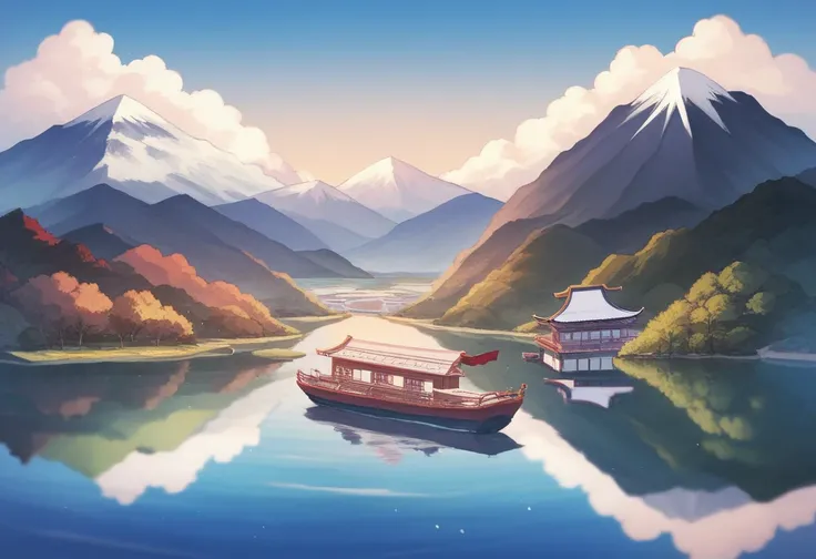  A boat inspired by is floating in the water near a mountain,  Japans Deeper Travel Exploration , mount Fuji on the background, mount Fuji,  View of a pond reflecting Japans nature , mountain Fuji on the background,  m . Fuji, mount Fuji in the background,...