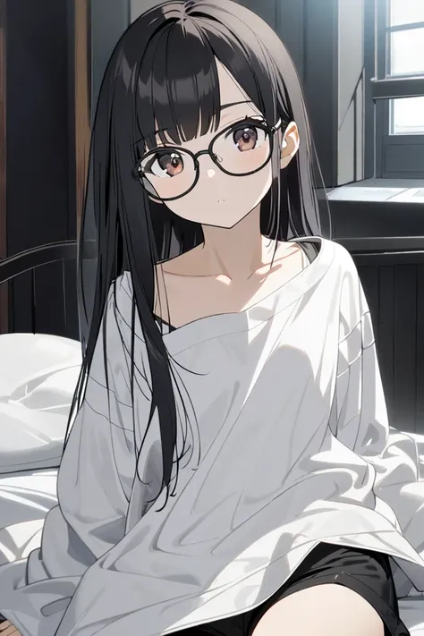 1girl, solo, looking at viewer, long hair, black hair, brown eyes,glasses,long sleeves, sitting, collarbone, oversized white shirt, indoors, pillow, head tilt, short shorts, window, on bed, black shorts, 