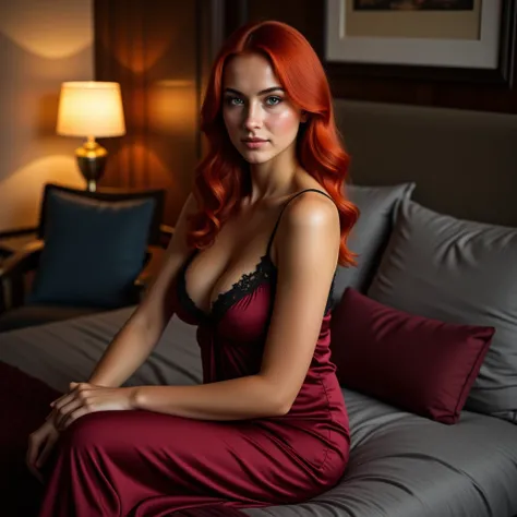 Create an image of a stunning red-haired woman with vibrant, fiery locks cascading over her shoulders, radiating elegance and sensuality. She is dressed in a luxurious deep red silk nightgown, accented with black lace detailing and a flowing silhouette tha...