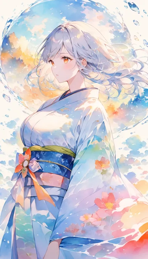  Double Exposure :1.2,Kaleidoscopic:1.2,Water effect,  1 adult woman,  Silver Hair, Orange eyes,kimono,  big breasts, pastel, Watercolor:1.2