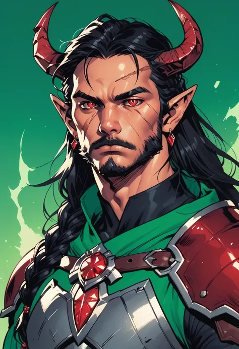 horns, pointy ears, 1boy, red eyes, black hair, male focus, solo, jewelry, armor, broken horn, looking at viewer, long hair, earrings, scar, green background, braid, glowing, gem, cape, glowing eyes, shoulder armor, demon horns, belt, scar on face, upper b...