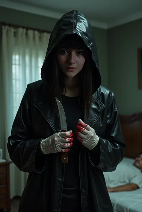  beautiful girl, (behind stiff, bloody surgical glove), stocking to stangle, white latex gloves, room, leather black raincoat, foodie, hood up, holding knife, living room, latex gloves, hidden, long bangs, black wet suit, night, murderer, light from the wi...