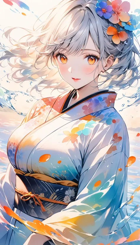  Double Exposure :1.2,Kaleidoscopic:1.2,Water effect,  1 adult woman,  Silver Hair, Orange eyes,kimono,  big breasts, pastel, Watercolor:1.2