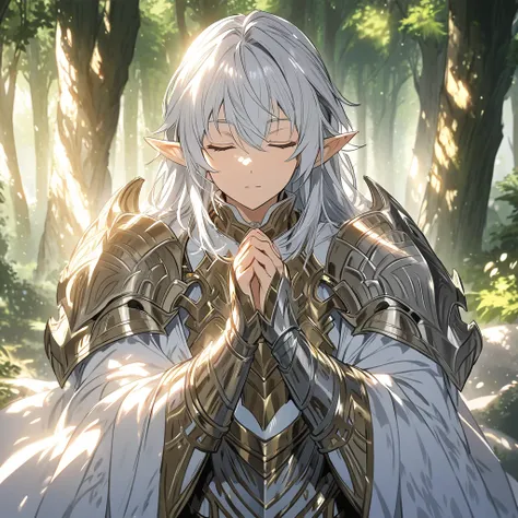  top quality, masterpiece,  Elf Who Protects the Forest ,Long Silver Hair , Himeji Knight, headband ,Sacred Armor, Gauntlet , Praying Pose with Eyes Closed, sunlight filtering through the trees, Gentle Light Effects , Fantasy Forest 