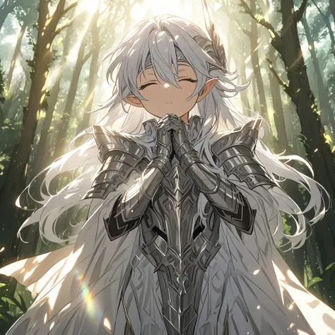  top quality, masterpiece,  Elf Who Protects the Forest ,Long Silver Hair , Himeji Knight, headband ,Sacred Armor, Gauntlet , Praying Pose with Eyes Closed, sunlight filtering through the trees, Gentle Light Effects , Fantasy Forest 