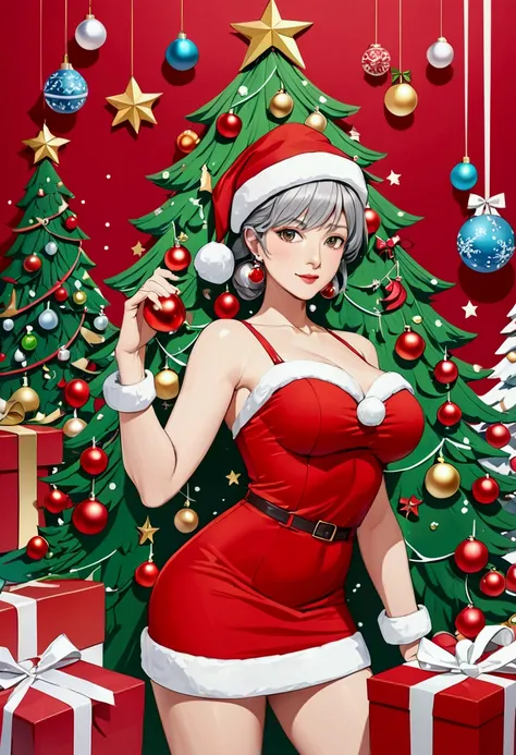 anime, sexy, mature woman, mother christmas in very short red dress, with christmas bobble cap, very detailed, high resolution, masterpieace, christmas background