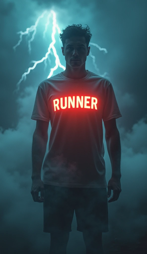 A man in the Thunder light. He is wearing a big t shirt Named RuNNeR. The name on the t shirt is shining and background a mist and thunder