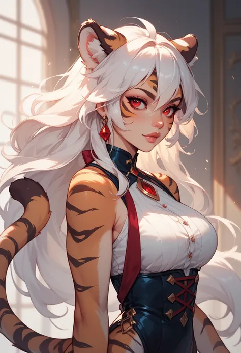  Two Furry Tiger girls alone with long white hair and red eyes are standing side by side