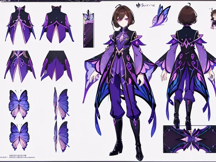 anime concept art，pretty anime character design，anime character reference sheet，[androgynous character design] [Character design]，1man in, ((Character information)) (Butterfly character) [flat chest] (Butterfly clothing) (pants, boots) (overskirt) (long bu...