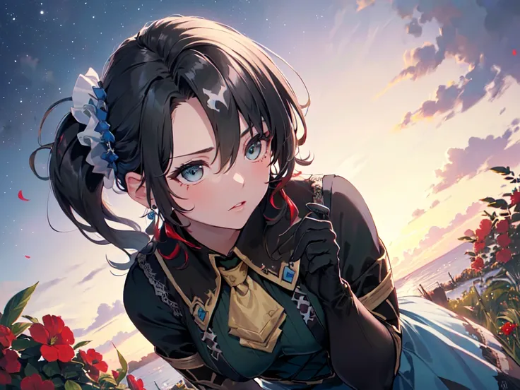 (One small-breasted girl:2), (Leaning forward to accentuate her upper body:2), (Sexy gaze:2), (Long black hair:2), (Hair tied in a large blue ribbon:2), (Ribbon covering chest, flashy dress with high neck and mostly blue collar, black opera gloves:2), (Lot...