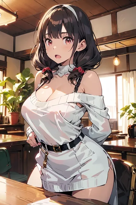 masterpiece, yor, 1girl, Amazing Cleavage:1.3, thin waist, big ass, Raised sexy, medium breast: 1.8 posed cleavage:1.2、solo, looking at viewer, open mouth, have a cup of coffee,black hair, red eyes, dress, bare shoulders, jewelry, collarbone, sidelocks, ha...