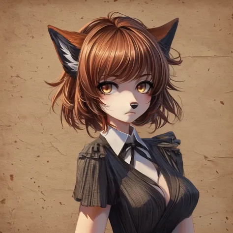 anime girl with long brown hair wearing a plaid shirt, female anthropomorphic wolf, holo is a wolf girl, female fursona, wolf girl, holo if a wolf girl, furry character, official character art, full body character, Frown, 