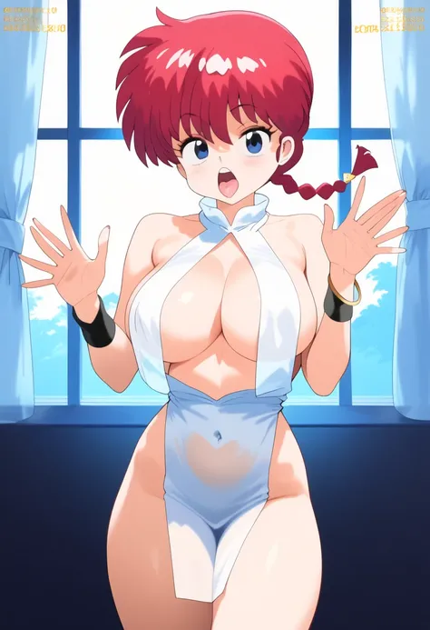 1 girl,  Ranma saotome , red hair, Hair with braid, Blue eyes,  big breasts , NSFW, perfect breasts, cute face, ( high resolution , 8K,  high resolution ,  Masterpeace),breasts, jewelry, 1 girl, belly button, bracelet,  pelvic curtain , bracelet, revealing...