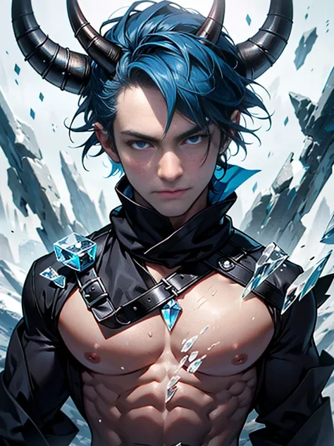 muscular, blue eyes, perfect face, short blue hair that covers his eyes, has claws made out of ice, has large horns protruding from his head that are made of ice, wears a black loincloth, bare chest, soft expression, background of a frozen wasteland, high ...