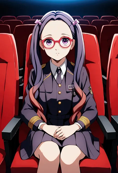 Juniper Installation, A  girl, Aquacolor for hair, kino, uniform, kino, twin tails, blue eyes, hairpins, purple glasses, cinema, The body is completely, seat, Large screen, the movie, Sitting in a red chair, darkly