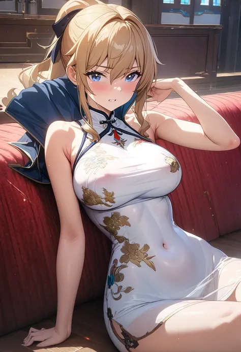 8k, masterpiece, best quality, ultra detailed, Ultra-high resolution, Highly detailed CG, break, 1girl, jean(genshin impact), kawaii, nsfw, big  breasts, slender, (Cheongsam:1.2), open clothes, full body, indoors, sitting on sofa
