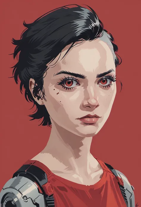 1girl, solo, red background, red eyes, black hair, looking at viewer, short hair, portrait, mechanical parts, parted  simple background, android,  science fiction, eyelashes, cyberpunk, makeup, cyborg, collarbone, zPDXL3,  PnyCmicXLPOS, detailxl,  (lineles...