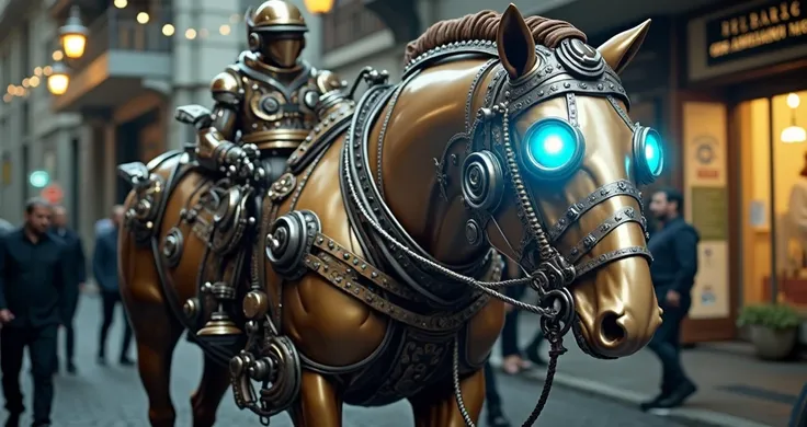 cavalo completamento mecanico steampunk de ouro, latão, ferro preto, safira esta andando pela rua de uma cidade steampunk, ultra-sharp focus, highly detailed, crisp edges, high-definition texture, clarity across the entire scene