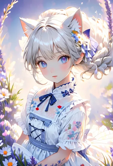 1 cute girl with cat ear and cat tail, ligne claire, contour deepening beautiful detailed glow, by famous artist,  head tilt, long white hair, curly hair, Air bangs, Grey hair, beautiful detailed hair, Beautiful face, ^ ^, lovely big eyes, flat chest, zett...